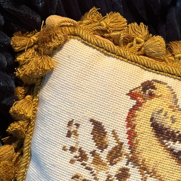 Wool Needle Point Pillow with Tassel Fringe-Song Bird with Nest-Beige/Tan - Picture 3 of 13